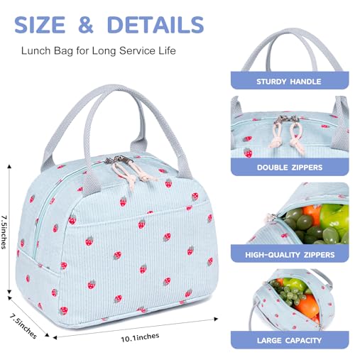 Lunch Bag for Women Men Cute Corduroy Lunch Tote Bags Reusable Insulated Lunch Box Large Capacity Reusable Insulated Cooler for Work Picnic or Travel (Blue Strawberry / 10L)