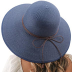 Womens Sun Straw Hat Bowknot Hat Summer Wide Brim Bucket Hats Foldable Beach Sun Hats Roll up UPF 50+ (1 Pack Bowknot Hat: Navy Blue, 4.7" Brim)