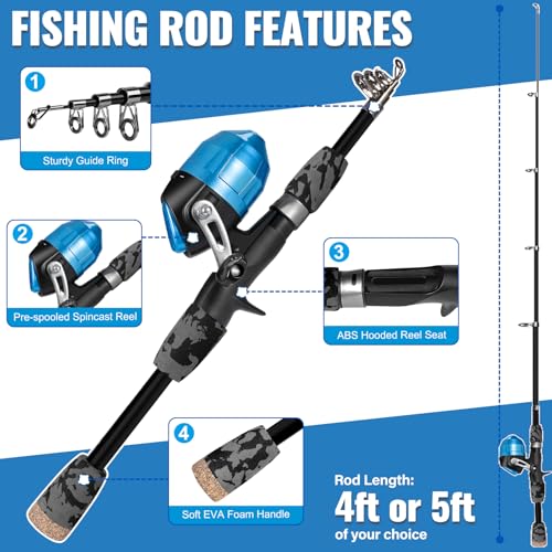 Kids Fishing Pole with Spincast Reel Telescopic Fishing Rod Combo Full Kits for Boys (Black / 4FT / 1.2M)