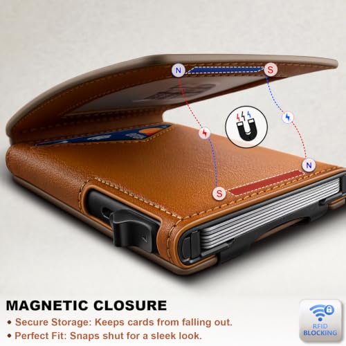 Men Slim Magnetic Leather Airtag Wallet Metal Case Money Clip (Coffee8799)