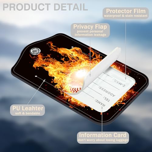 2 Pcs Baseball on Fire Luggage Tags for Suitcases PU Leather Baggage Tags Name ID Label with Privacy Cover and Stainless Steel Loop for Men Women Travel Bag Suitcase (Baseball on Fire)