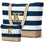 Beach Bag Initial Beach Tote with Makeup Bag for Travel (Dark Blue 2 Pcs / K)