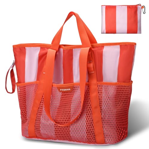 Beach Bag with Zipper (Pink & Orange Stripe)