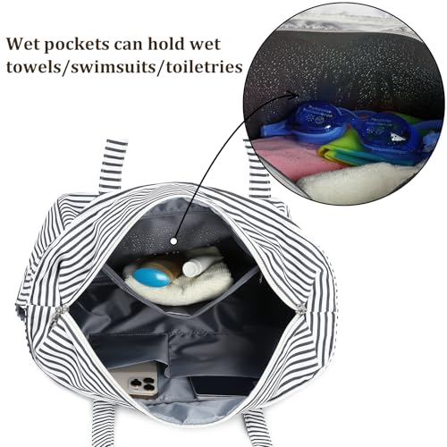 Beach Bag Waterproof Sandproof Women Beach Tote Swim Pool Bag with Zipper Wet Pocket for Gym Grocery Travel Family (Light Black White)