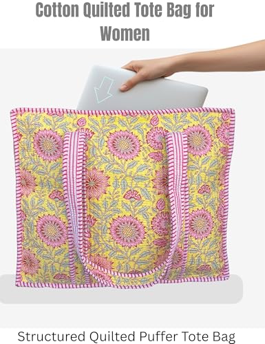 100% Cotton Quilted Tote Bag For Women (Lustrous Yellow Floral Print)