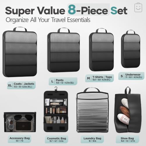 8 Set Compression Packing Cubes for Travel Essentials (Black(Toiletry Bag) / 8 set)