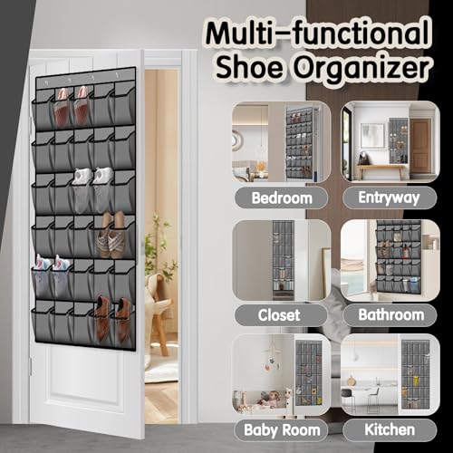 Over the Door Shoe Organizer with 30 Breathable Mesh Pockets (2PC-Gray)