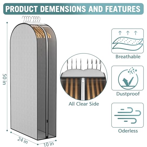 10" Gusseted Garment Bags for Hanging Clothes (Grey / 50 inch)