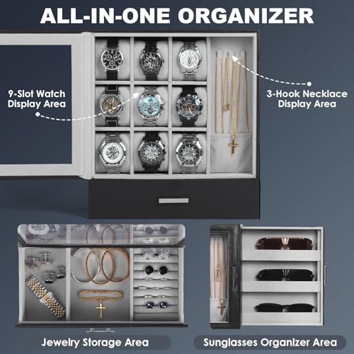 9 Slot Watch Box for Men (Black + Gray / 9-slot watch display box)