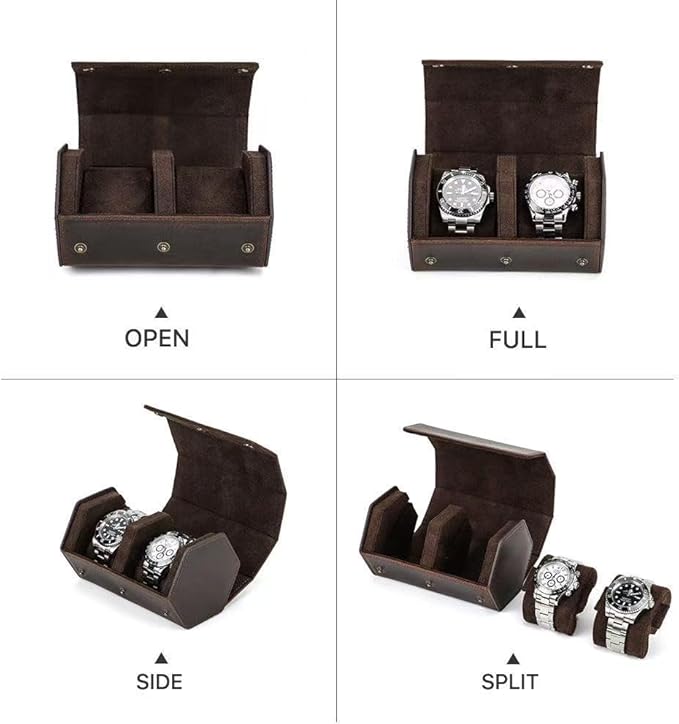 Genuine Leather Watch Roll Travel Case, Vintage Full Grain Leather Hexagon - Image 3