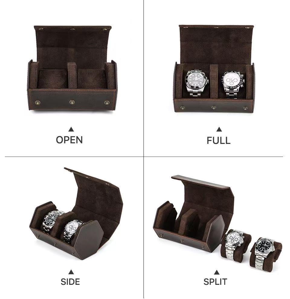 Genuine Leather Watch Roll Travel Case (Hexagon 2 slots)
