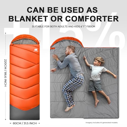 Sleeping Bags for Adults Kids 4 Season Camping Sleeping Bag Gear (Orange)