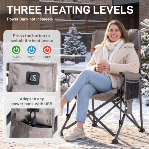 Heated Lumbar Support Oversized Folding Camping Chair for Adults (Heated Khaki Grey)