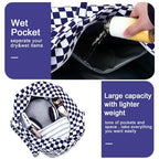 Waterproof Beach Tote Pool Bags for Women Ladies Extra Large Carry On Bag With Wet Compartment for Weekender Travel (Dark Blue White Checkered)