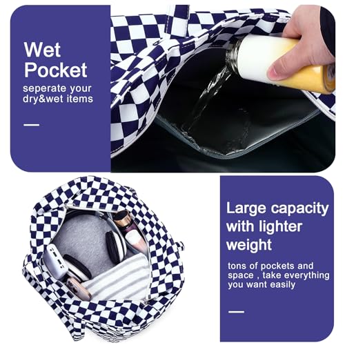 Waterproof Beach Tote Pool Bags for Women Ladies Extra Large Carry On Bag With Wet Compartment for Weekender Travel (Dark Blue White Checkered)