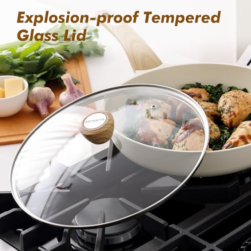 9.5inch Ceramic Nonstick Frying Pan Paella Pan with Lid (9.5 Inch / CREAM White)