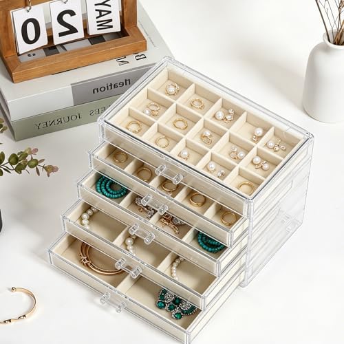 Acrylic Jewelry Organizer Box with 5 Drawers (Beige-5 layer 50grids)