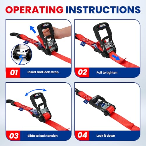 MOCA Heavy Duty Ratchet Straps Tie Down 4 Pack 1.6" x 8 ft (Red / 8ft)