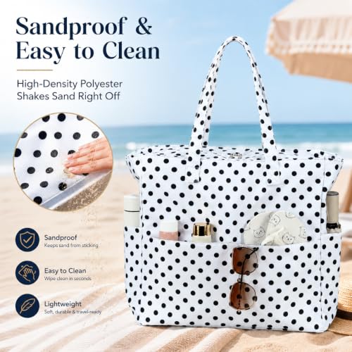 Beach Bag Waterproof Sandproof Women Beach Tote Pool Bag with Zipper for Gym Grocery Travel with Wet Pocket (White)