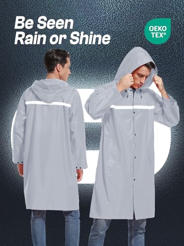 Mens Long Hooded Safety Rain Jacket Waterproof Emergency Raincoat Poncho (Medium / Grey)