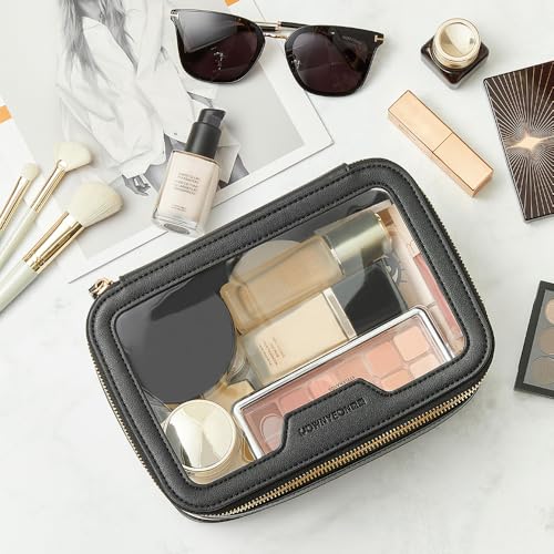 Rownyeon Clear Makeup Case Toiletry Bag Travel Makeup Train Case Portable Cosmetic Organizer Transparent Bag Black (Black)