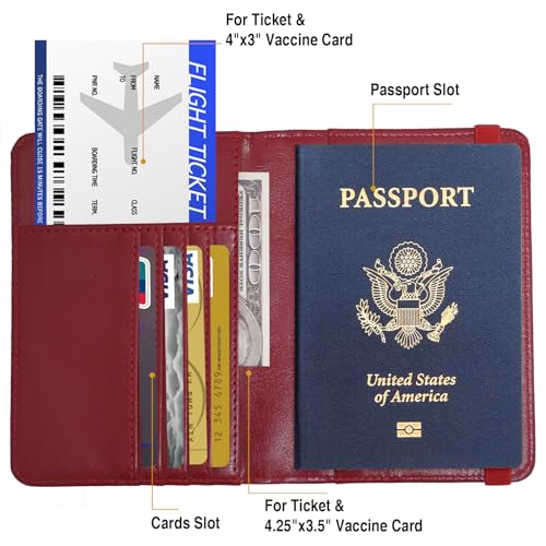Premium Passport Holder for Travel RFID Blocking Passport Cover Slim (Red / Classic Metal Stamp)