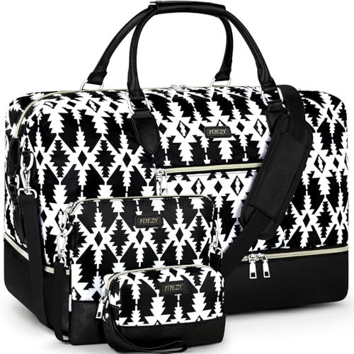 Weekender Bag for Women 21.5" Travel Duffel Large Carry On Bag 3PCS (Large / 8b-Black)
