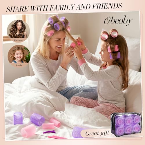 4 Sizes Hair Rollers Curler Set with Clips for Women (Pink and Purple)