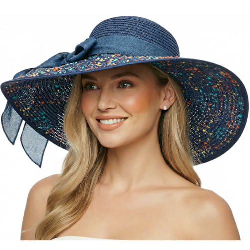 Womens Big Bowknot Straw Hat Foldable Sun Hats Floppy Beach Hat Large Roll up Cap UPF 50+ (Pied Navy Blue / 5.3" Brim, 1 Pack)