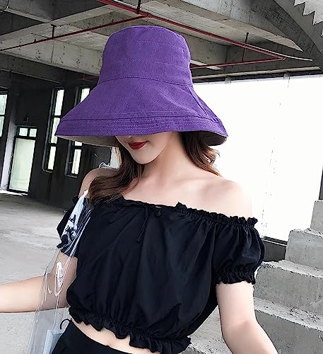 Women Summer Wide Brim Sun Hat Bucket Fishing Hats UV Protection (One Size / Lant001-purple)