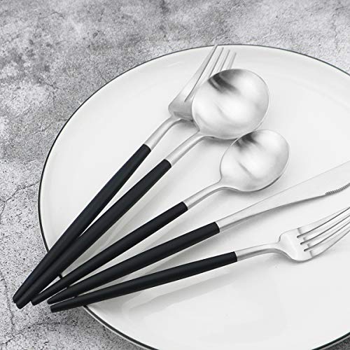 Black Handle Matte Silver Silverware Set (Service for 1 / Black Handle Silver)