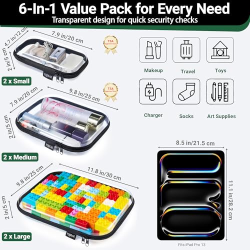 Clear Hard Shell Zipper Cases (Black / 6 Pack (2L+2M+2S))