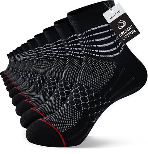Ankle Compression Socks for Men Women Arch Support Athletic Cushioned Moisture Wicking Cotton Socks 5 Pairs (X-Large / Cotton -Black+red(5 Pairs))