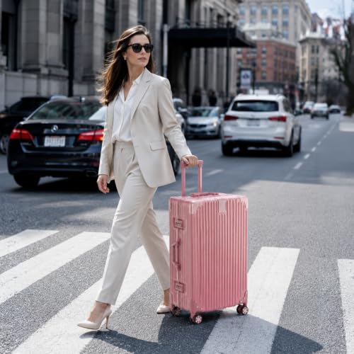 Zipperless Suitcase with Aluminum Frame (Pink / Checked in 28inch)