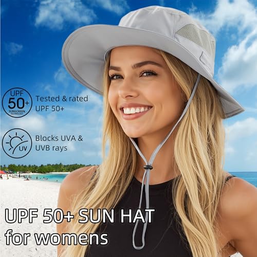 Womens Outdoor Mesh Boonie Sun Hat Summer Wide Brim UV Protection Fishing Hat Safari Cap Grey (Large / Grey)