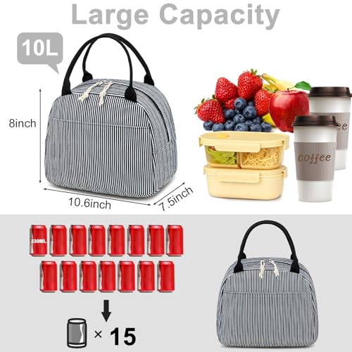 Lunch Bag for Women Men Cute Corduroy Lunch Tote Bags Reusable Insulated Lunch Box Large Capacity Reusable Insulated Cooler for Work Picnic or Travel (Corduroy Black-white stripes / 10L)