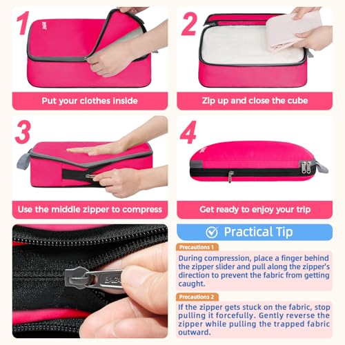 4 Set/6 Set/8 Set Compression Packing Cubes Travel Accessories Expandable Packing Organizers (Cloth Pattern, 4-Fuchsia) (4-Fuchsia / Cloth Pattern)