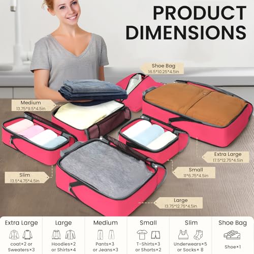 4 Set/6 Set/8 Set Compression Packing Cubes Travel Accessories Expandable Packing Organizers (Half Mesh, 6-Fuchsia) (6-Fuchsia / Half Mesh)
