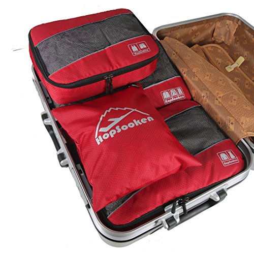 5 Set Packing Cubes for Travel Large Suitcase Luggage Organizer Bags Travel Accessories Vacation 4 Cubes 1 Laundry Pouch Bag (Red)