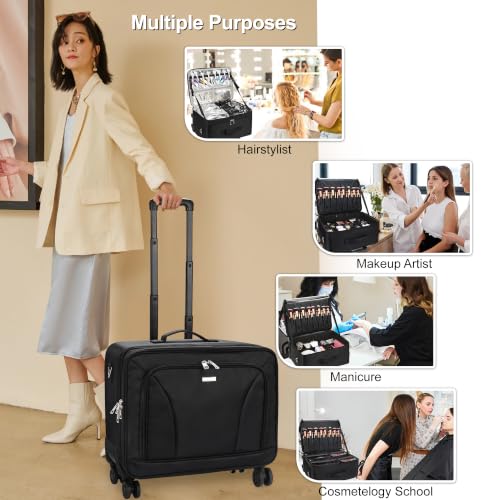 Extra Large Makeup Case Rolling Travel Train Case with 360° Spinner Wheels (Black with 4 Clear Bags / Extra Large)