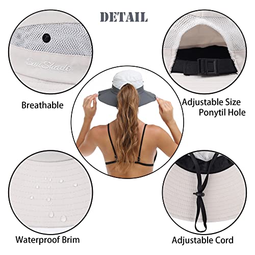 Womens Summer Sun Hat Beach Hat Wide Brim Outdoor UV Protection Hat Foldable Cool Mesh Ponytail Bucket Hat (6-7 / Beige)