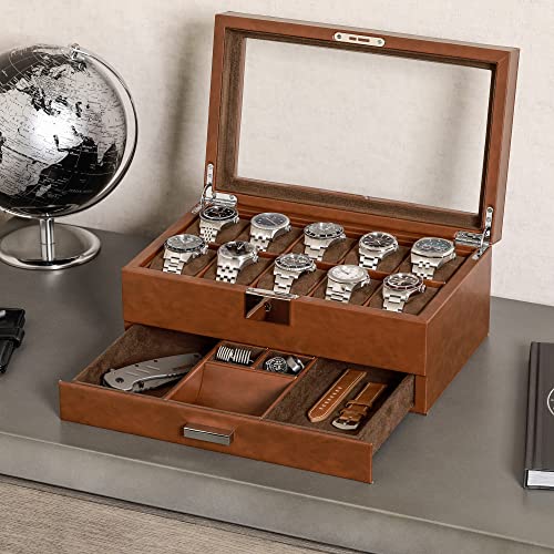 10 Slot Watch Box in Leather with Valet Drawer (Tan/Brown)