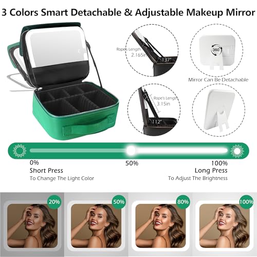 Travel Makeup Bag Cosmetic Bag Makeup Organizer Bag with Lighted Mirror (Fresh Green / Woven)