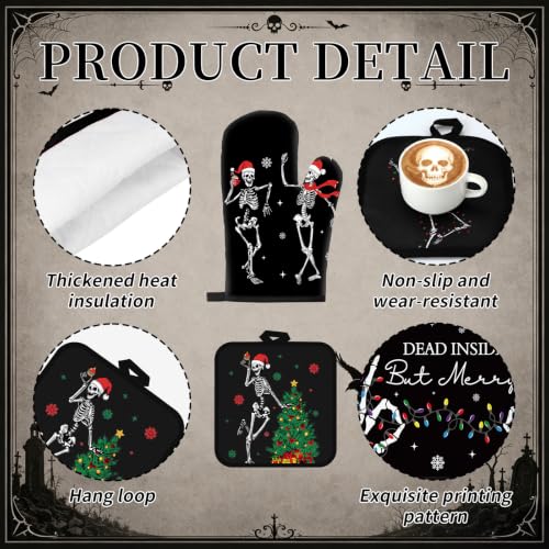 10 Pcs Christmas Skeleton Kitchen Decor and Accessories Set Kitchen Towels Pot Holders Oven Mitts Rugs and Tape for Baking Cooking BBQ Festive Housewarming Gifts (Black,white / Halloween Skeleton)