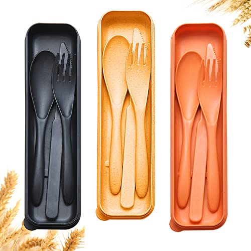 Reusable Travel Utensils Set with Case (3 Sets - Orange, Black, Yellow)