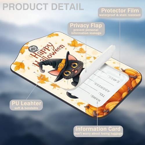 Halloween 2 Pack Luggage Tags for Suitcases Cute Black Cat on Pumpkin Leather Luggage Tags Privacy Cover ID Label with Stainless Steel Loop and Address Card for Women Men Travel Bag Backpack (Cute Black Cat on Pumpkin)
