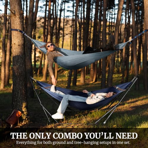 Combo x2 Hammocks with Stand for Outside & Tree Straps (Combo - Aegean)