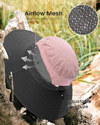 Womens Sun Hat with Ponytail Hole Beach Hiking Summer Wide Brim UPF 50+ Outdoor Protection Foldable Bucket Hat Pink (Pink-grey)