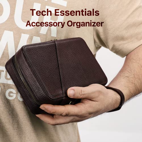 Top Grain Leather Text Custom Electronic Organizer Zipper Bag Tech Pouch (【text Customized】- Laser Engraving / Electronic Storage Case - Sturdy Handmade)