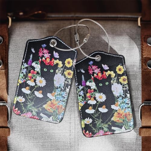 2 Pcs Luggage Tags for Suitcases Black Cat PU Leather Luggage Tag with Privacy Cover Label Address Card and Durable Metal Ring Suitable for Travel Suitcase Bag Handbags Backpacks (Black Cat Flower)